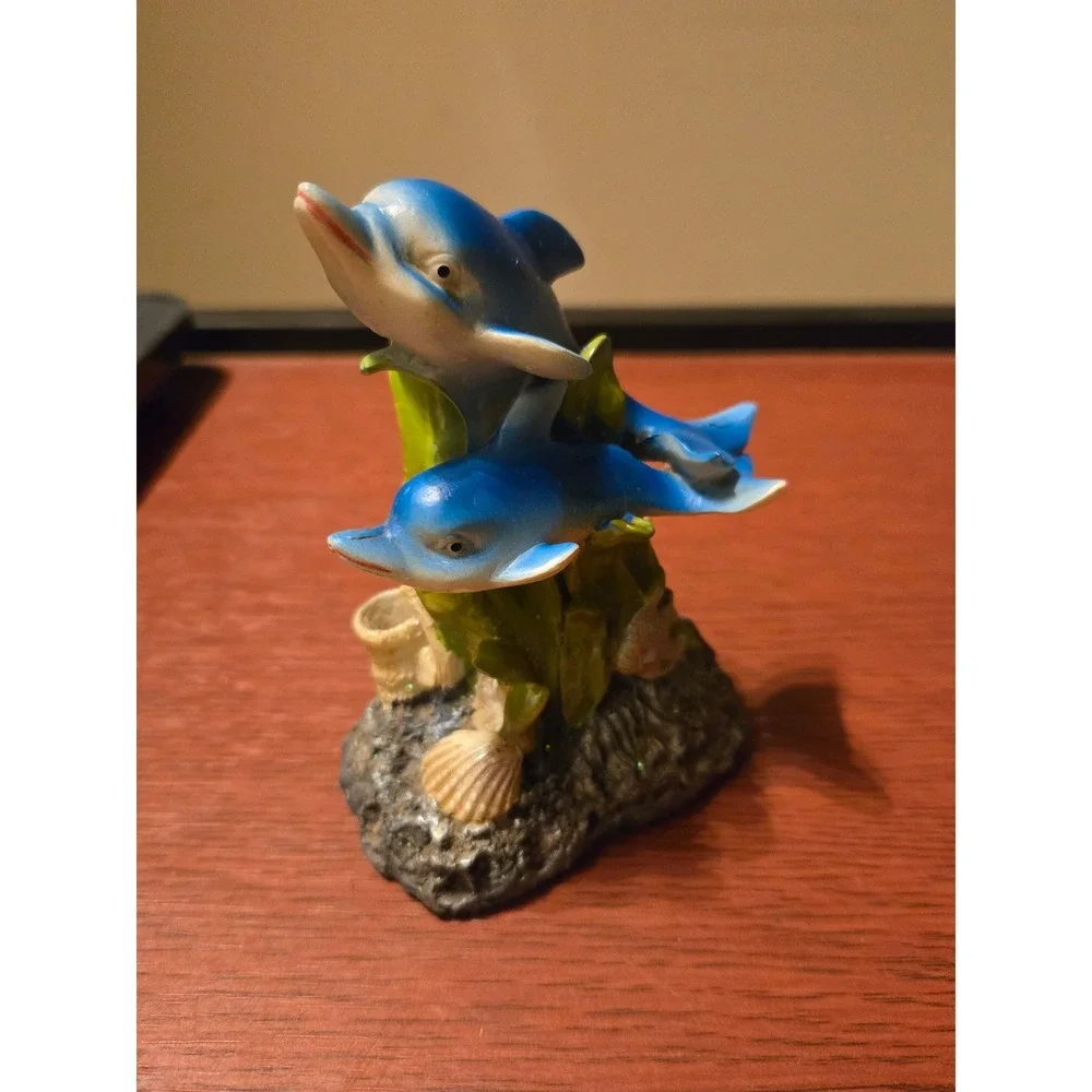 Vintage Blue Dolphin Pair Figurine Coral Reef Ocean Decor Resin Statue 5 Inch